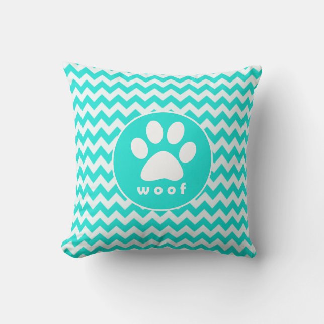 Turquoise, Aqua Colour Chevron; Paw Print Throw Pillow (Front)