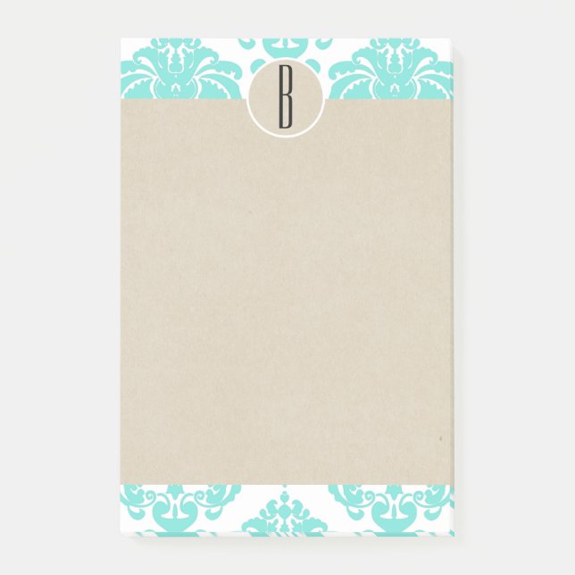 Turquoise Aqua Glam Damask Kraft Monogram Initial Post-it Notes (Front)