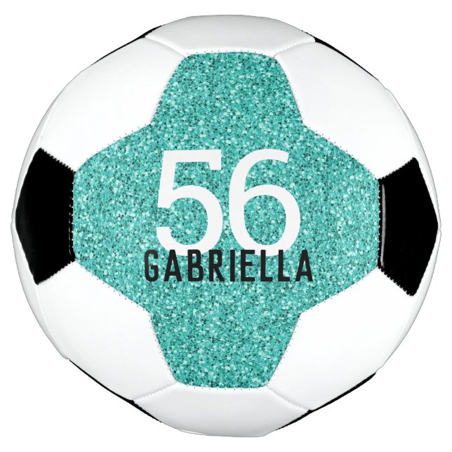 Turquoise Aqua Glittery Name and Team Number Soccer Ball (Rotated)