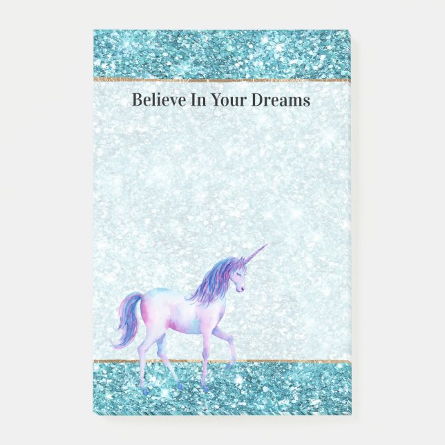 Turquoise Aqua Glitz Glitter Purple Unicorn Post-it Notes (Front)