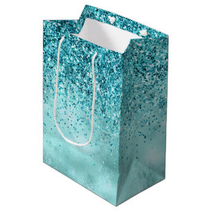 Turquoise Aqua Gold Glam Glitter   Medium Gift Bag