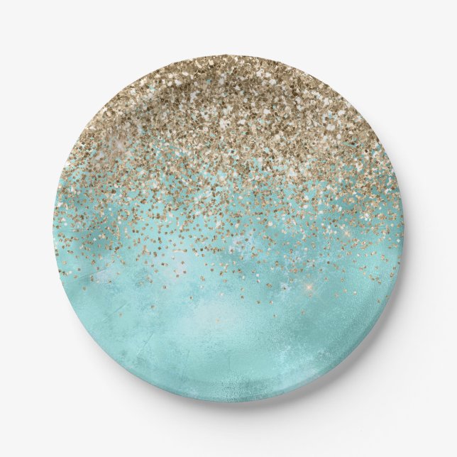 Turquoise Aqua Gold Glam Glitter Sparkle      Paper Plate (Front)