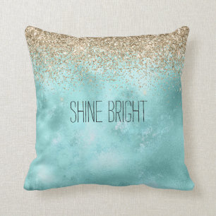 Turquoise Aqua Gold Glam Glitter Sparkle Throw Pillow