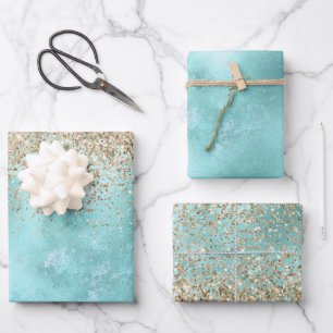 Turquoise Aqua Gold Glam Glitter Sparkle Wrapping Paper Sheet