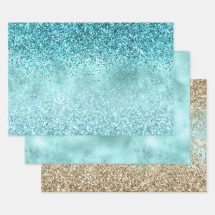 Turquoise Aqua Gold Glam Glitter Wrapping Paper Sheet