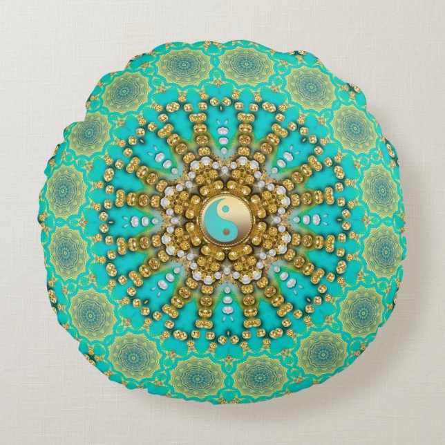 Turquoise Aqua Gold Yin Yang Beachy Mandala Round Pillow (Front)