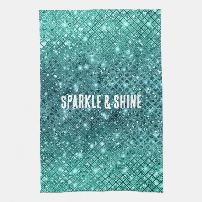 Turquoise Aqua Green Sparkle Kitchen Towel (Vertical)