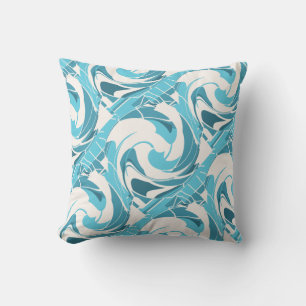 Turquoise Aqua Off-white Diagonal Floral Twirls Throw Pillow