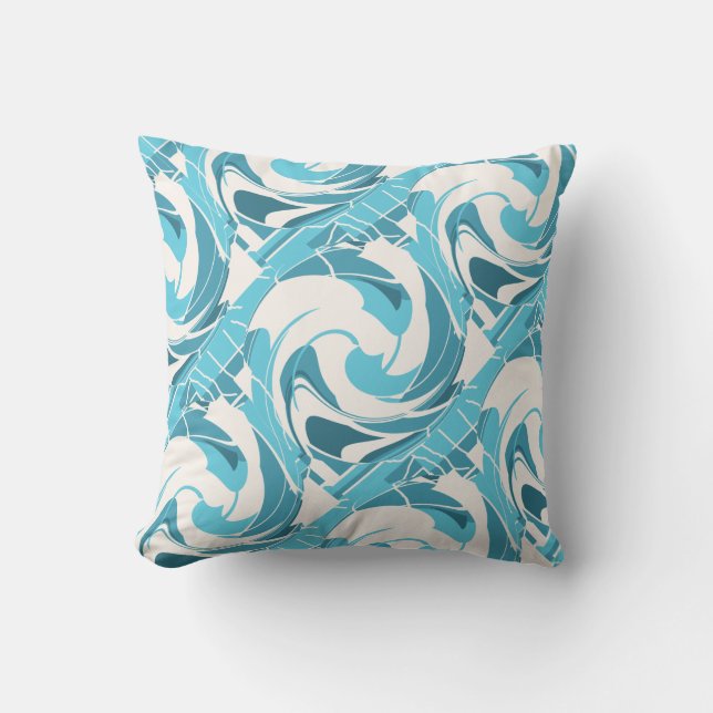 Turquoise Aqua Off-white Diagonal Floral Twirls Throw Pillow (Front)