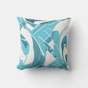 Turquoise Aqua Off-white Lush Leaf Swirling Motif Throw Pillow