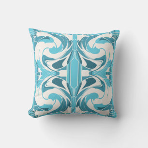 Turquoise Aqua Off-White Mediterranean Large Tiles Throw Pillow