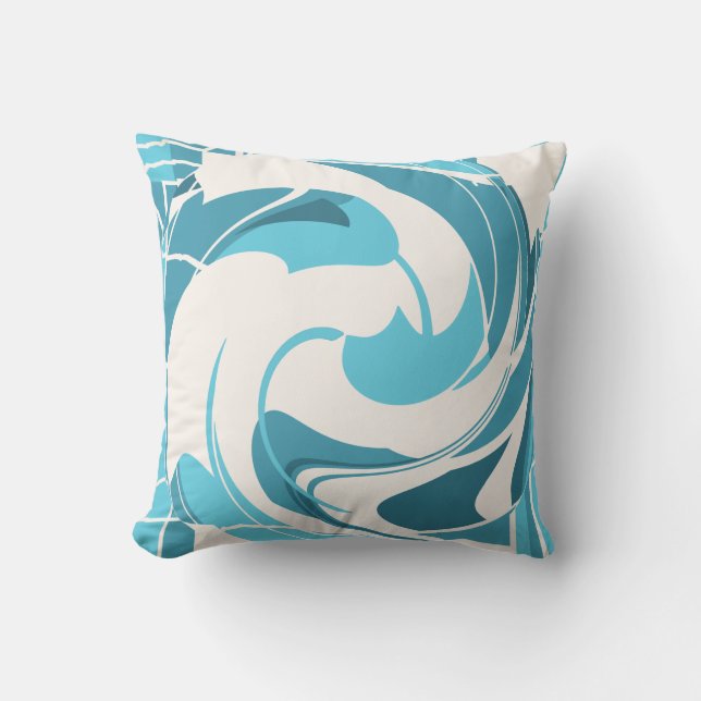 Turquoise Aqua Off-white Swirling Floral Design Throw Pillow (Front)