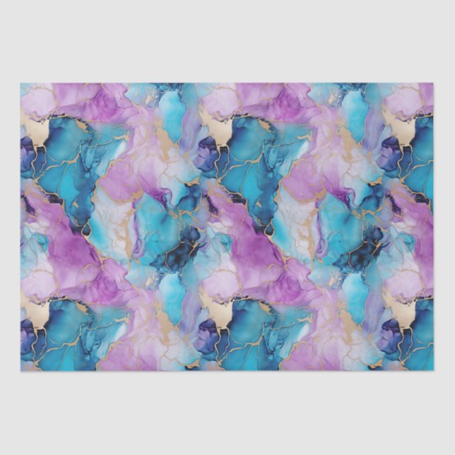 Turquoise Aqua Purple Gold Marble Tissue Paper (Front)