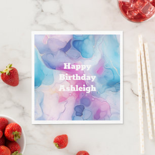 Turquoise Aqua Purple Pink Marble Birthday Napkin