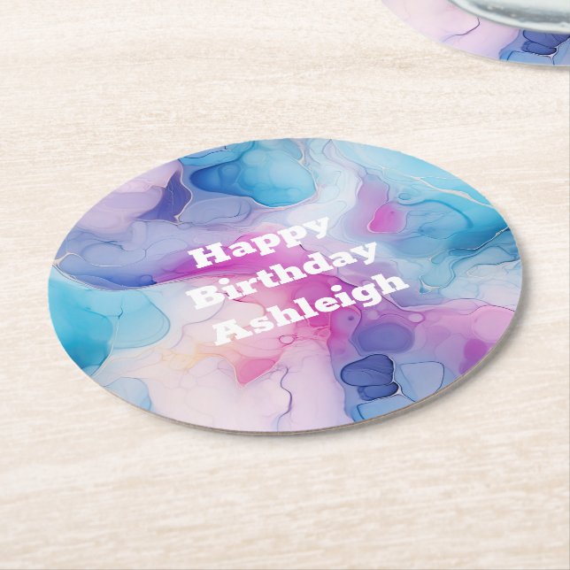 Turquoise Aqua Purple Pink Marble Birthday Round Paper Coaster (Angled)