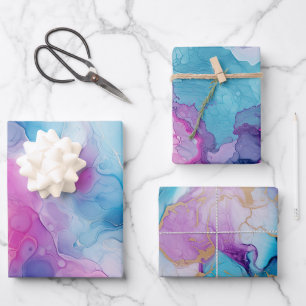 Turquoise Aqua Purple Pink Marble Birthday Wrapping Paper Sheet