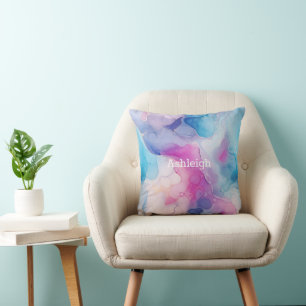 Turquoise Aqua Purple Pink Marble   Throw Pillow