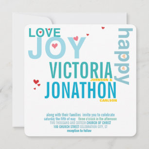 Turquoise Aqua Red Heart Modern Typography Wedding Invitation