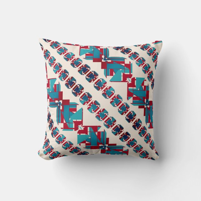 Turquoise Aqua Red White Diagonal Mediterranean Throw Pillow (Front)