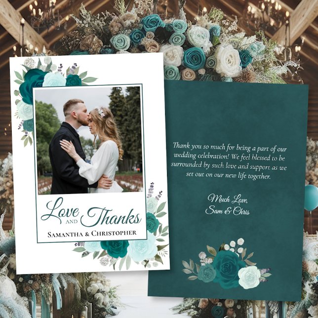Turquoise & Aqua Roses Amour Merci Mariage Photo & (Front/Back)