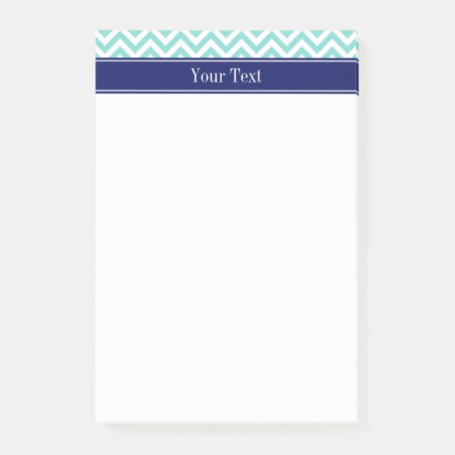 Turquoise Aqua SLg Chevron Navy Name Monogram Post-it Notes (Front)