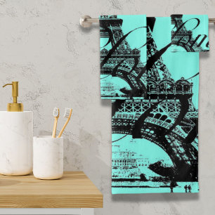 turquoise aqua teal scripts Paris Eiffel Tower Bath Towel Set