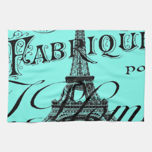 turquoise aqua teal scripts Paris Eiffel Tower Kitchen Towel