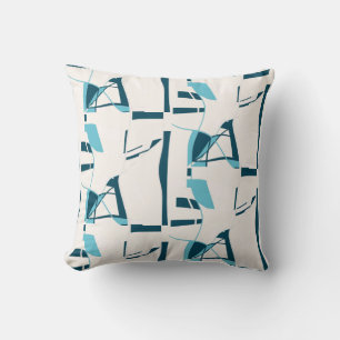 Turquoise Aqua Twirling Lines Print on Off-White Throw Pillow