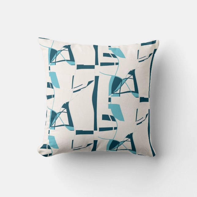 Turquoise Aqua Twirling Lines Print on Off-White Throw Pillow (Front)