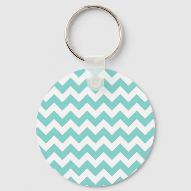 Turquoise Aqua White Chevron Zig Zag Pattern Keychain (Front)