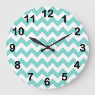 Turquoise Aqua White Chevron Zig Zag Pattern Large Clock