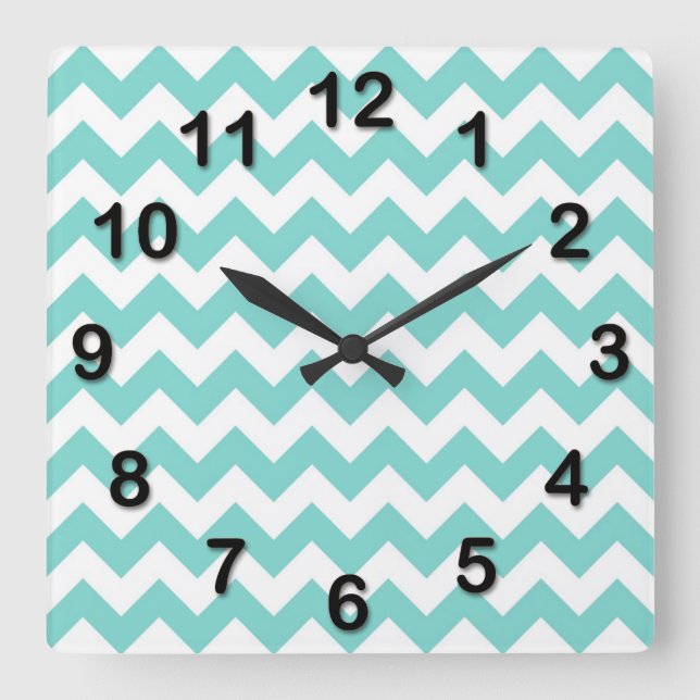 Turquoise Aqua White Chevron Zig Zag Pattern Square Wall Clock (Front)