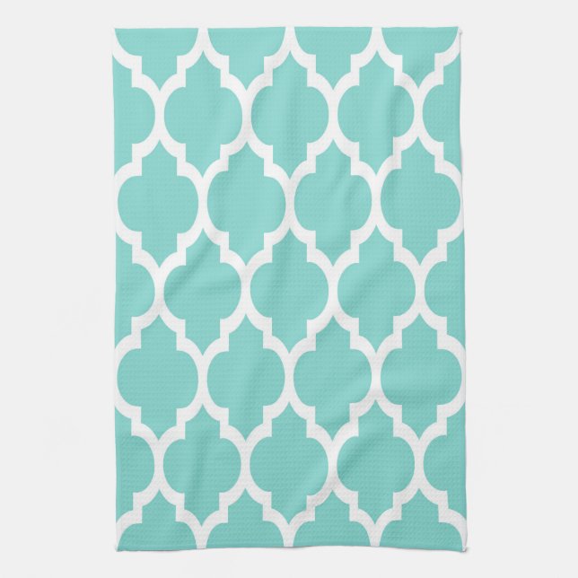 Turquoise Aqua Wht Moroccan Quatrefoil Pattern #4 Kitchen Towel (Vertical)