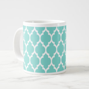 Turquoise Aqua Wht Moroccan Quatrefoil Pattern #4 Large Coffee Mug