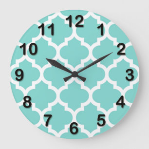 Turquoise Aqua Wht Moroccan Quatrefoil Pattern #5 Large Clock