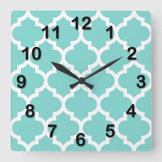 Turquoise Aqua Wht Moroccan Quatrefoil Pattern #5 Square Wall Clock (Front)