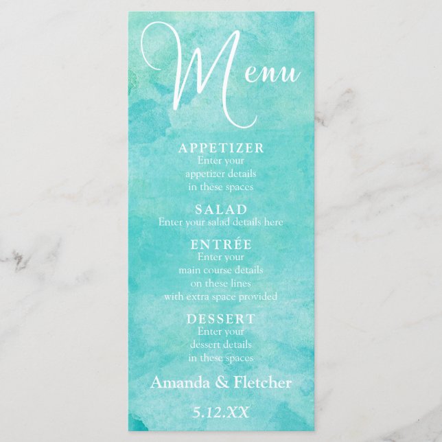 Turquoise Aquarelle Typographie Menu Mariage (Devant)