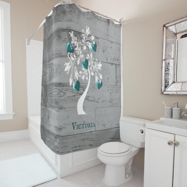 Turquoise Arbre des Coeurs Rideau de douche person (En situation)