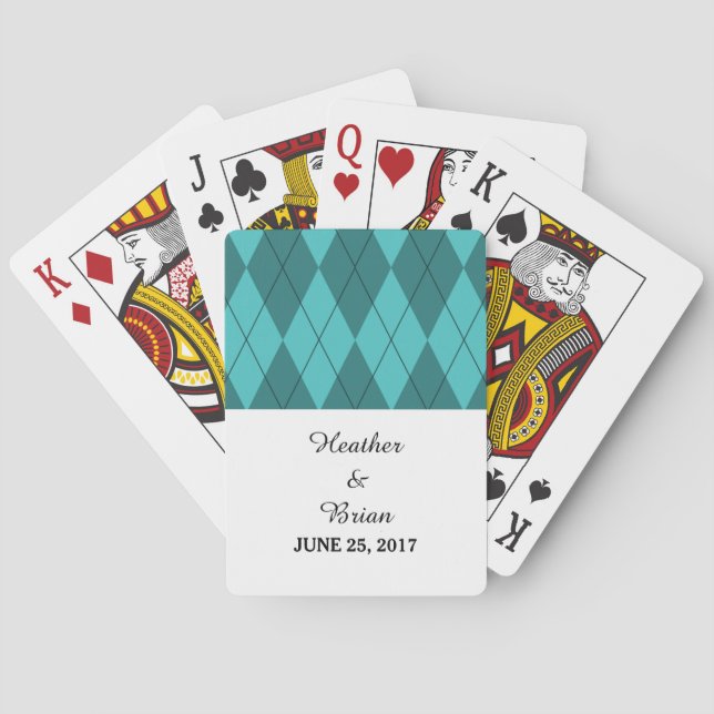 Turquoise Argyle Wedding Playing Cards (Back)