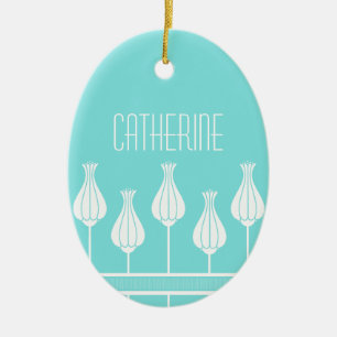 Turquoise Art Deco Floral Oval Ornament