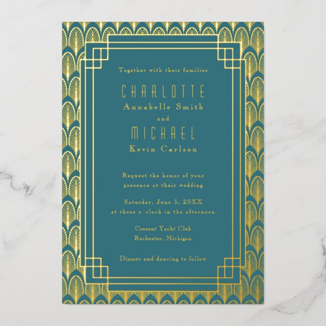 Turquoise Art Déco or Vintage Foil Invitation (Recto)