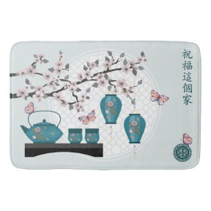 Turquoise Asian tea set butterflies in blossom Bath Mat
