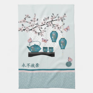 Turquoise Asian tea set butterflies in blossom Kitchen Towel