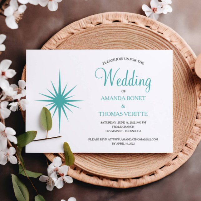 Turquoise Atomic Starburst Mid Century Wedding Invitation (Creator Uploaded)