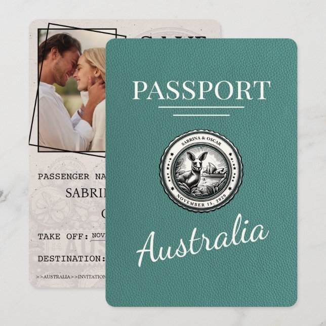 Turquoise Australia Passport Save The Date (Front/Back)