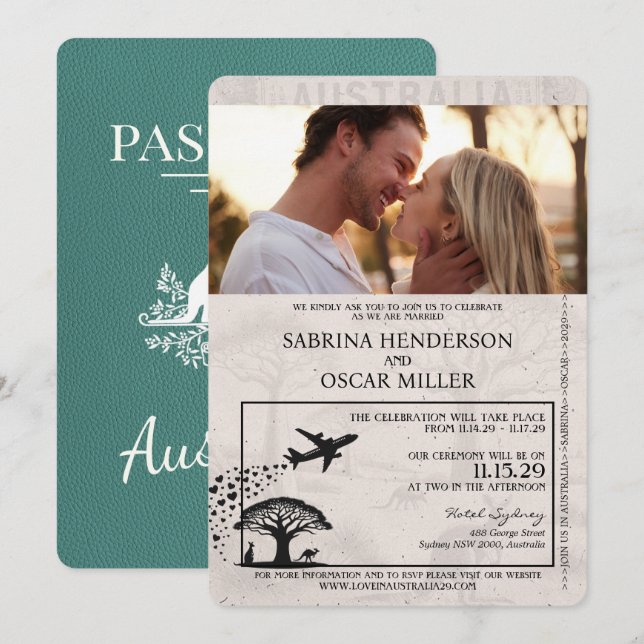 Turquoise Australia Passport Wedding Invitation (Front/Back)