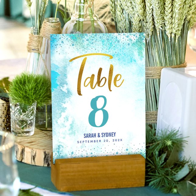 Turquoise B’nai Mitzvah Watercolor Gold Script Table Number (Creator Uploaded)