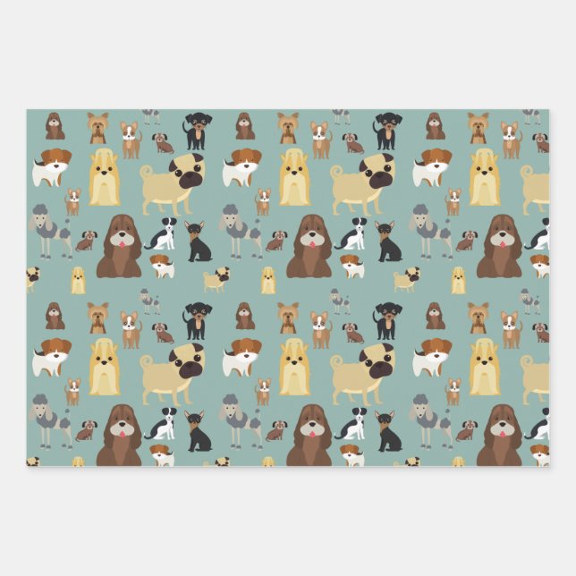 turquoise background dogs pattern wrapping paper sheet (Front)