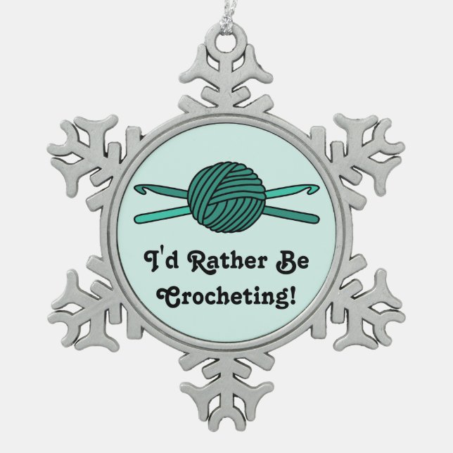 Turquoise Ball of Yarn & Crochet Hooks Snowflake Pewter Christmas Ornament (Front)