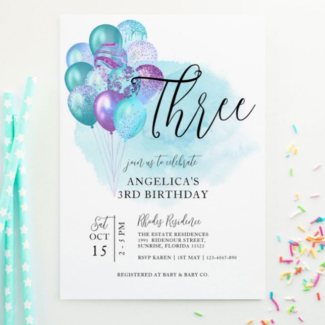 Turquoise Ballons pourpres 3e Invitation anniversa (Créateur téléchargé)